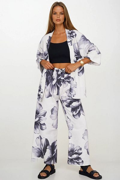 VAGGON Women's Anthracite Floral Pattern Kimono Cardigan and Tie-Up Pants Kimono Suit Vs00382