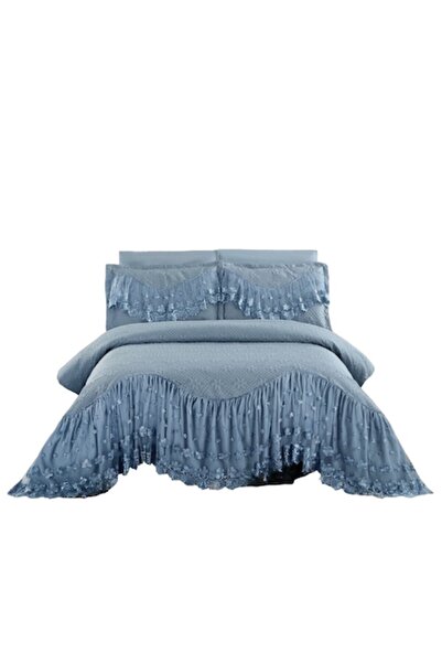 JOJO HOME Cuvertura si 2 fete de perna, cu Volanase Brodate, 2 persoane, 3 piese, 220X280cm, Albastru deschis