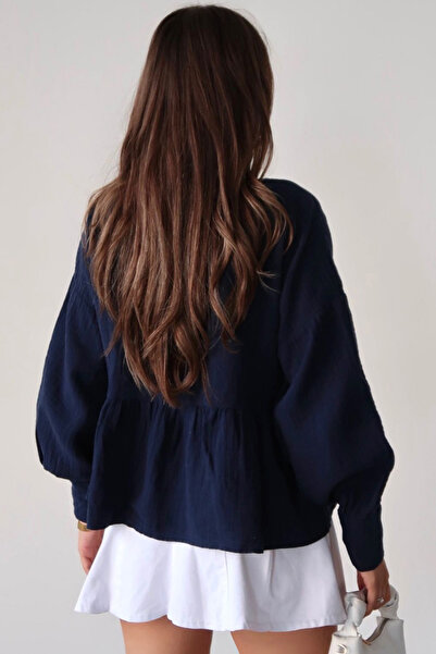 VAGGON Women's Navy Blue V-Neck Lace-Up Shirt Blouse Vs00386