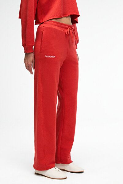 GRIMELANGE AVENZA Kadın Nakış Detaylı Yanları Cepli Regular Geniş Paçalı Kırmızı Eşofman Altı