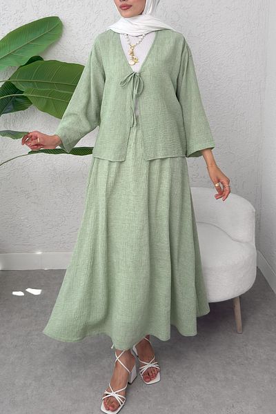 Salih Çelebi Set fustă kimono cu șireturi 2367 - VERDE APĂ
