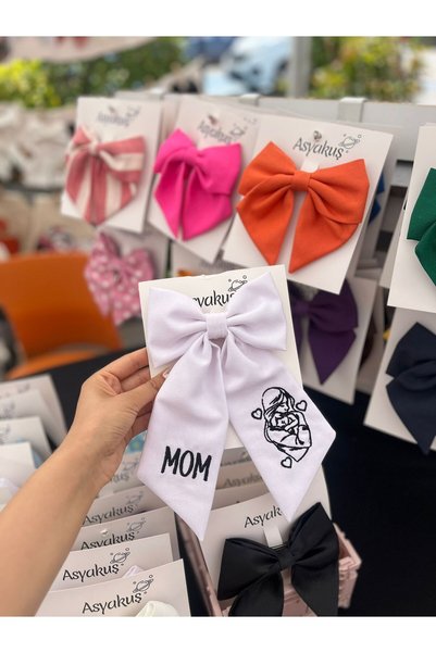 asyakuş Mother Daughter Silhouette and Mom Embroidered Bow Automatic Buckle