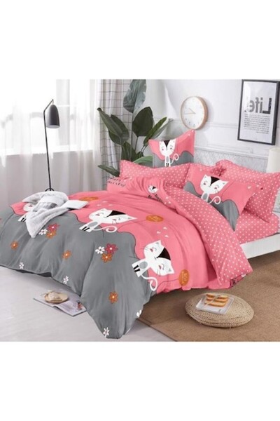 Pucioasa Double Bed Linen Set, Pucioasa, Cat Print, 6 Pieces, Reversible, 180x200cm, Finet Satin, Multicolor