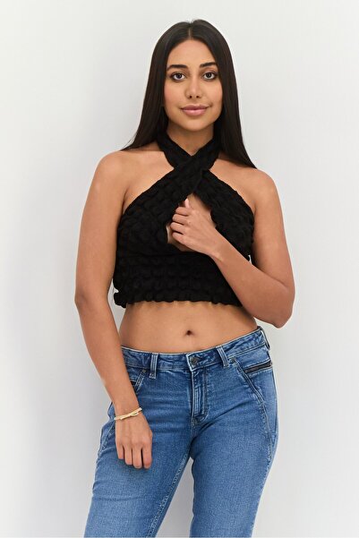 BOOHOO بلوزة قصيرة نسائية قصيرة بدون أكمام ورقبة على شكل هالتر، باللون الأسود