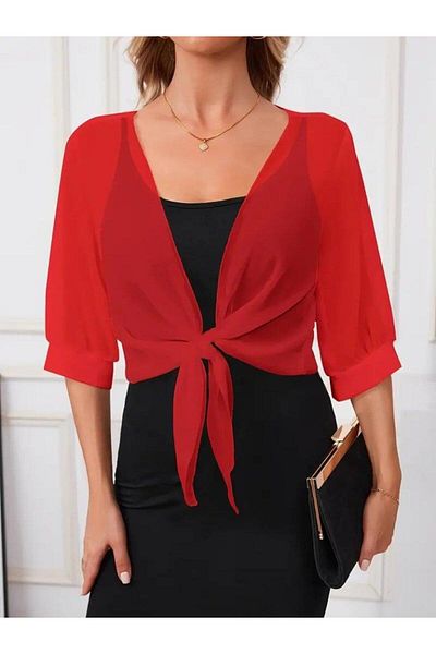 modamtn Women's Three Quarter Sleeve Front Tie-Up Short Chiffon Bolero Jacket