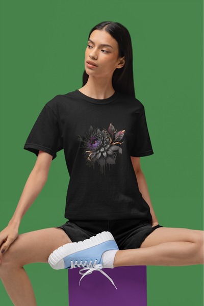 ArtYus Unisex Ανδρικό/Γυναικείο Μπλουζάκι Μαύρο Λουλούδι με τύπωμα oversized ...