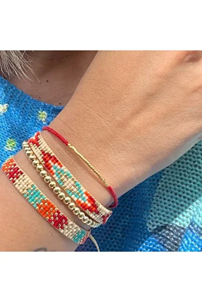 Mojo Jewellery Red Ethnic Patterned 3-Piece Miyuki Bracelet Set – Adjustable Handmade Women's Bracelet