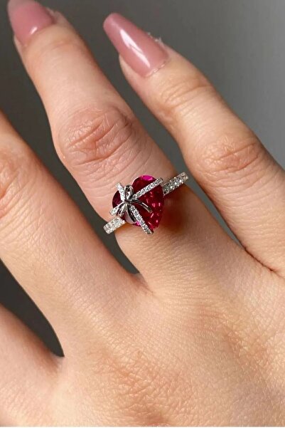 Ricco Jewellery 14 K White Gold Kaplama 925 Ayar Gümüş Ruby Kalp Tektaş Yüzük