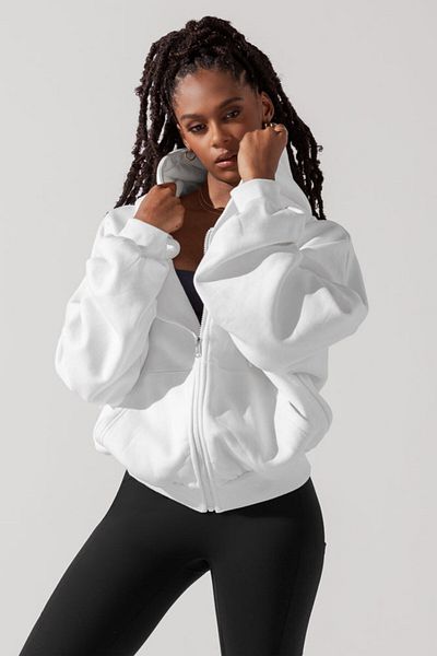 The Champ Clothing Hanorac alb cu glugă pentru femei – cu fermoar, cu 3 fire, stil sport oversize