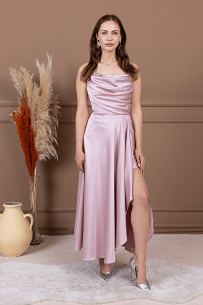 BEYBOS Saten Kumaş Sırtı İp Detaylı Asimetri Kesim Elbise - PUDRA