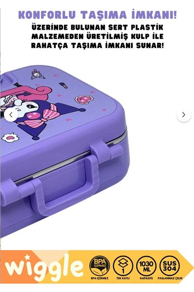 WİGGLE Bento 1030ml Lunchbox Kuromi Licensed Single Layer 2 Compartment Stainless Steel Bowl Lunch Box