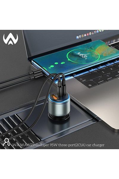 world accessories شاحن سيارة USB بنوع سي فائق السرعة بقوة 95 واط مزود بثلاث منافذ للشحن مخرجين بى دى و مخرج يو اس بى