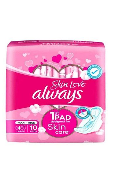 Always Cotton Skin Love Sanitary Large Thick Pads 10 Count White