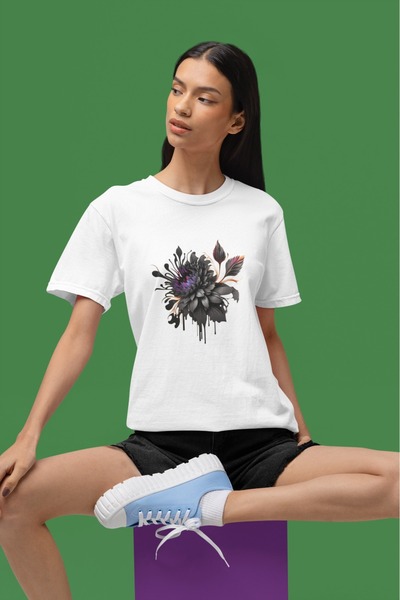 ArtYus Unisex Ανδρικό/Γυναικείο Μπλουζάκι Μαύρο Λουλούδι με τύπωμα oversized ...