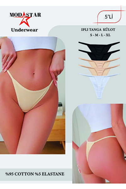 ModaStar Underwear Kadın Külot , Kadın Pamuklu İpli Tanga Siyah Beyaz Ten 5'l...
