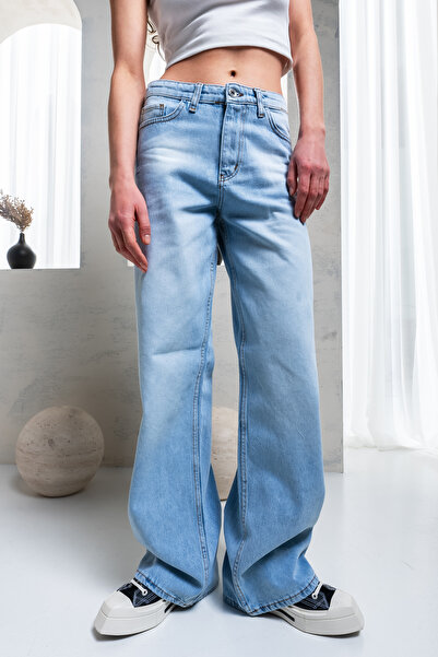 Denim Republic جينز نسائي ذو خصر عالٍ ومريح باللون الأزرق الجليدي