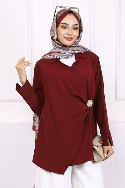 İmajButik Burgundy Buckle Detailed Kimono