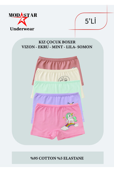 ModaStar Underwear Kız Çocuk , Kız Çocuk Pamuklu Boxer Renkli 5'li Külot