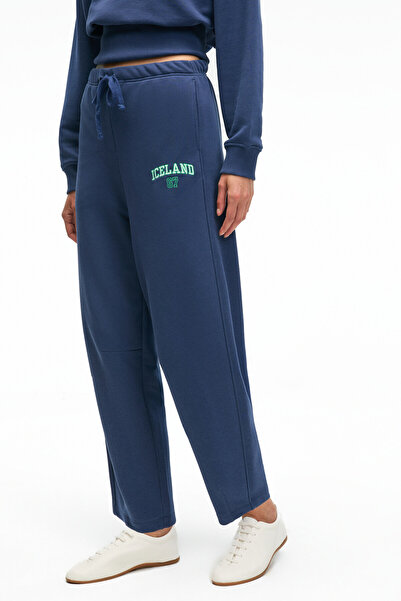 GRIMELANGE Erevyn Women's Relaxed Cut Hem Detail Printed Navy Blue Sweatpants