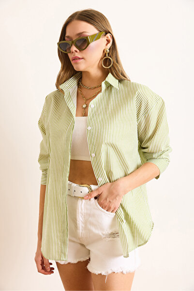Olalook Women's Striped Green Hidden Placket Poplin Shirt Gml-19000867