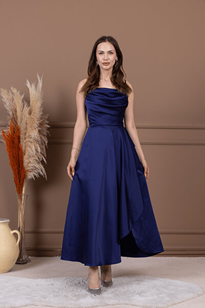 BEYBOS Saten Kumaş Sırtı İp Detaylı Asimetri Kesim Elbise - LACİVERT