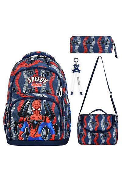 BGT BEGATİ Spider Man Spider Patterned Triple Children's Primary School Bag Special Fabric (Bag.Thermal Lunch.Pencil Holder)