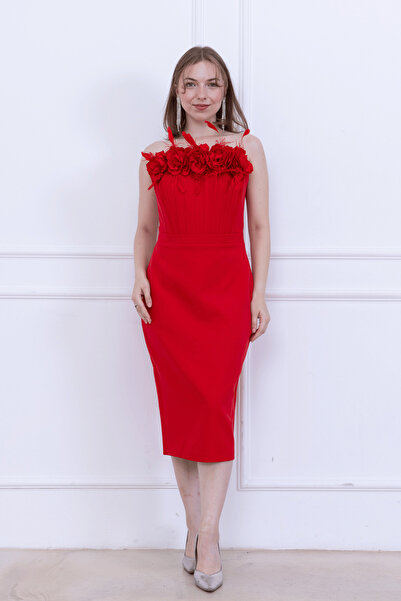 BEYBOS Rochie Atlas Fabric cu detalii trandafirii și detalii tip creion - ROȘU