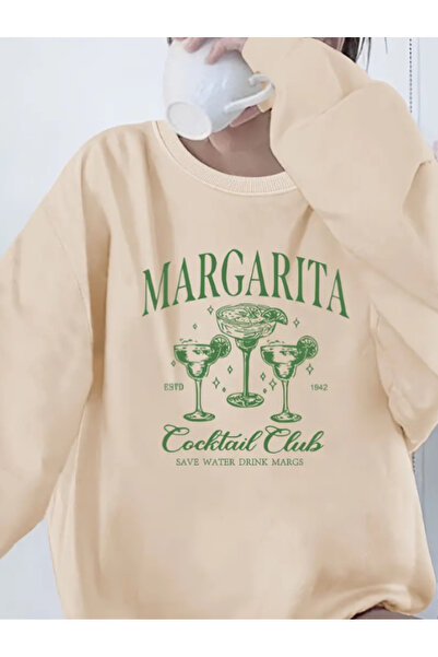 Harajuku Style Екру Тенд Коктейл Принт Релаксирана кройка Велосипедна яка Овъ...