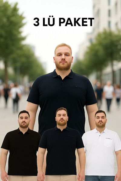 Maccali Men's 3-Piece Large Size Long Basic Polo Neck T-Shirt