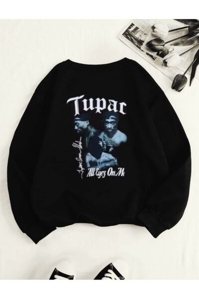 Harajuku Style Μαύρο Tupac με στάμπα 3 κλωστών, χειμερινό oversize unisex