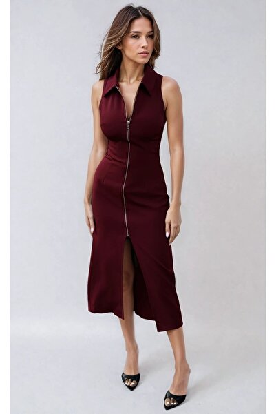 OLSAMODA KADIN ÖNÜ FERMUARLI GÖMLEK YAKA YIRTMAÇLI MİDİ ELBİSE