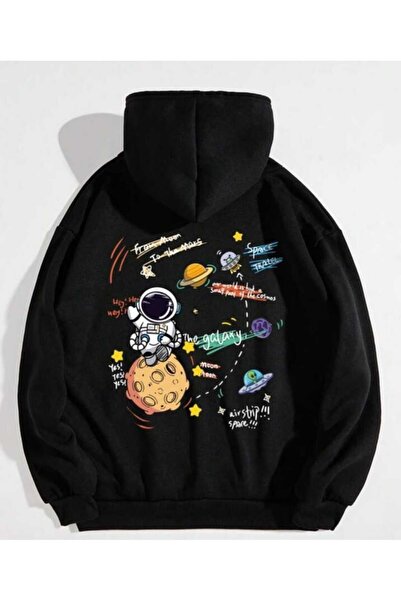 Harajuku Style Μαύρο φούτερ με κουκούλα με θέμα το διάστημα, Oversize Unisex