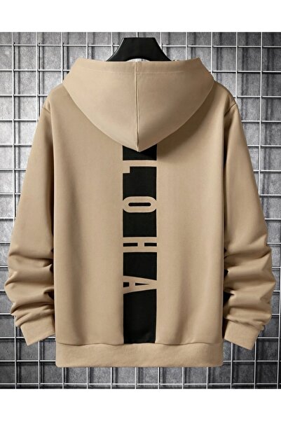 Harajuku Style Hanorac bej cu glugă, cu imprimeu Aloha, cu 3 fire