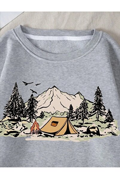 Harajuku Style سويت شيرت رمادي اللون مطبوع عليه مناظر طبيعية جبلية مطبوعة برق...