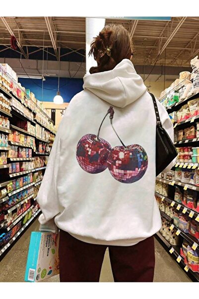 Harajuku Style Hanorac gros de iarnă, alb, cu imprimeu cireșe strălucitoare, ...