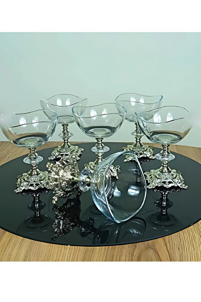 Elta Collection مجموعة من 6 أوعية ماجنوليا ذات أرجل معدنية وتفاصيل فضية |   وعاء الآيس كريم – وعاء السكر – وعاء التقديم