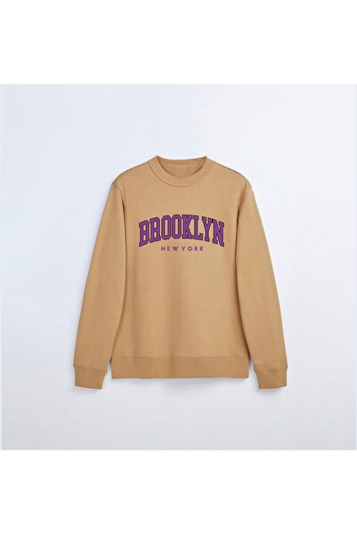 Harajuku Style بيج بروكلين مطبوع برقبة دائرية كبيرة الحجم 3 خيوط بيج