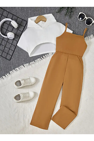 shop 2li kız çocuk kombin dokuma tulum pantolon beyaz crop günlük tarz
