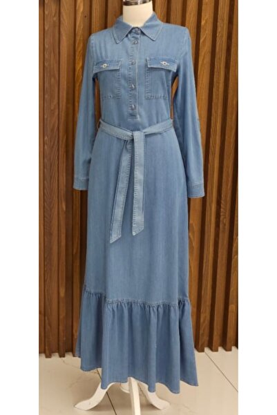 Doque 63018 ÖNDEN YARIM DÜĞMELİ ÇİFT CEPLİ CEP KAPAKÇIKLARI TAŞLI BELİ BAĞLAMALI KOT ELBİSE #03-25#