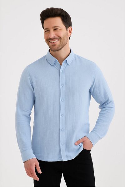 macharel jeans قميص رجالي بأزرار وياقة من الموسلين وأكمام طويلة