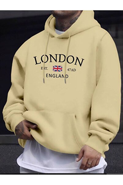 Harajuku Style Μπεζ Φούτερ με στάμπα London England, Oversize Unisex, με κουκ...