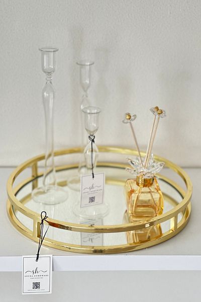 Shura Homeware Round Gold Mirrored Tray Metal Decorative Tray