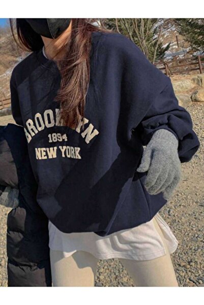 Harajuku Style أزرق داكن بروكلين مطبوع كبير الحجم