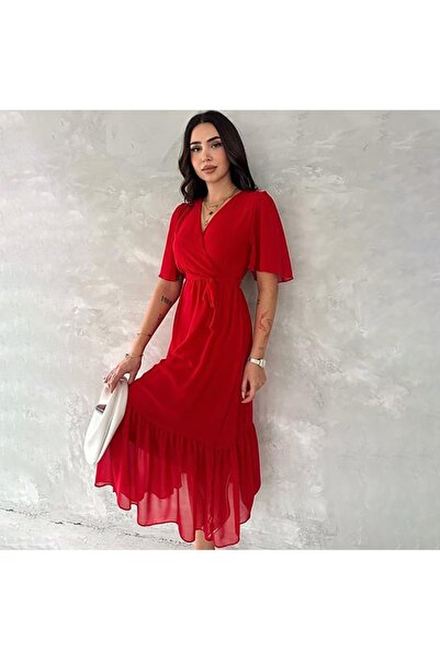 HOPEFUL DESİGN Hopeful Design Kruveze Sleeve Belted Ruffled Plain Chiffon Dress