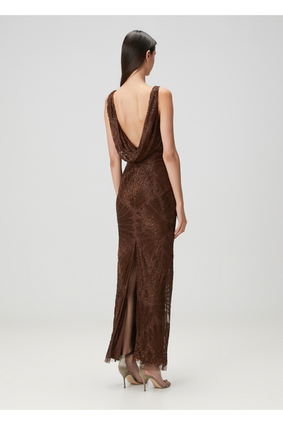 Aidan Mattox Kahverengi İşlemeli Maksi Abiye Elbise