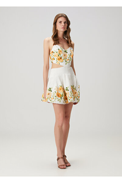 Urban Muse Aster Beyaz Çiçekli Mini Keten Elbise