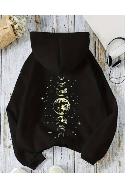 Harajuku Style Μαύρο γυναικείο φούτερ με κομψό σχέδιο, στάμπα με φεγγάρι και ...