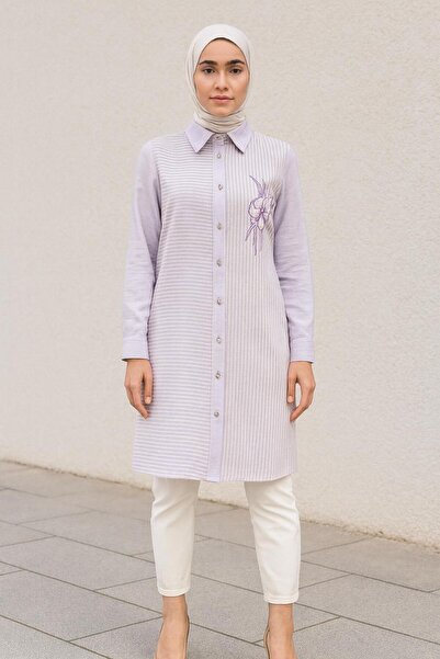 PERFECT 25201 ÖNÜ DÜĞMELİ GÖĞSÜ ÇİÇEK VE TAŞ DETAYLI GÖMLEK TUNİK #02.25#