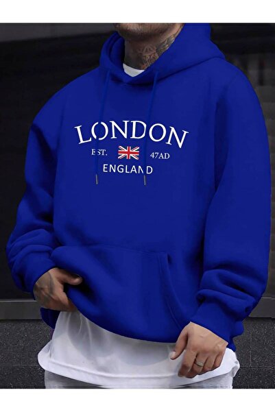 Harajuku Style Blue London England Printed Oversize Unisex Hooded Kangaroo Po...
