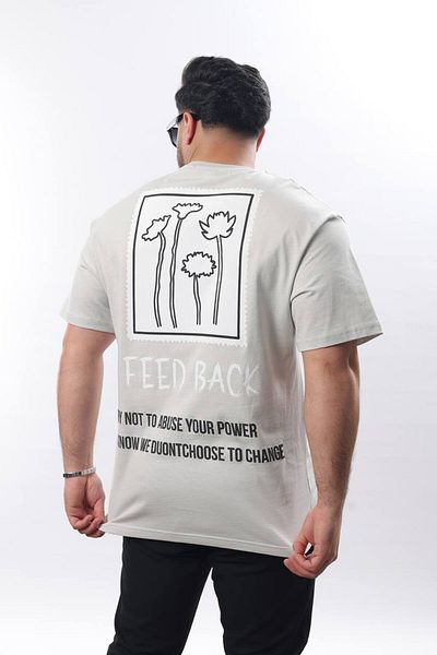 STOCX Men's Oversize Printed T-Shirt - Feedback Text and Flower Pattern Detail